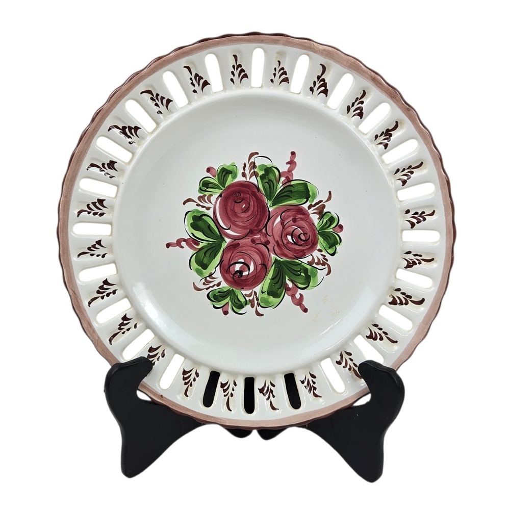 Porta Portugal Hand Painted Reticulated 9" Ceramic Plate Pink Roses Mid Century